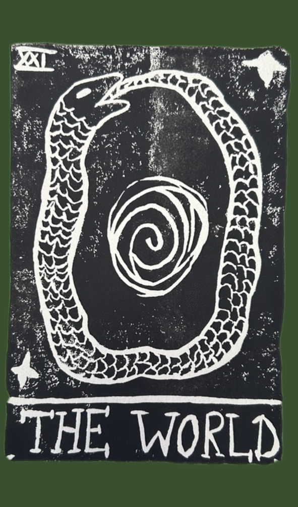 the world tarot card, with a ouoroborus snake eating its own tail surrounding a swirling ball of energy